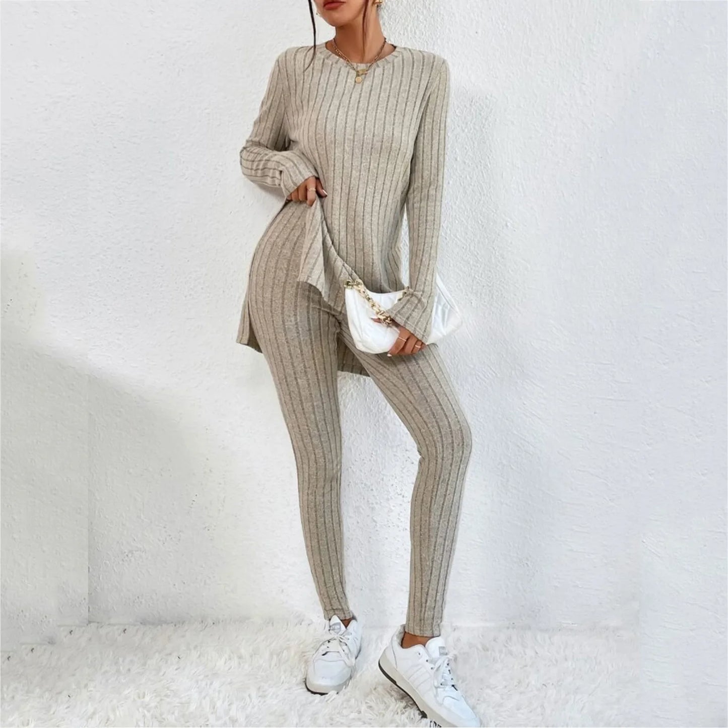 Autumn Winter 2 Pieces Set Women Knitted Long Sleeve O Neck Tops Slim Fit  Pants Sets Casual Elegant Warm Sport Trousers Outfit