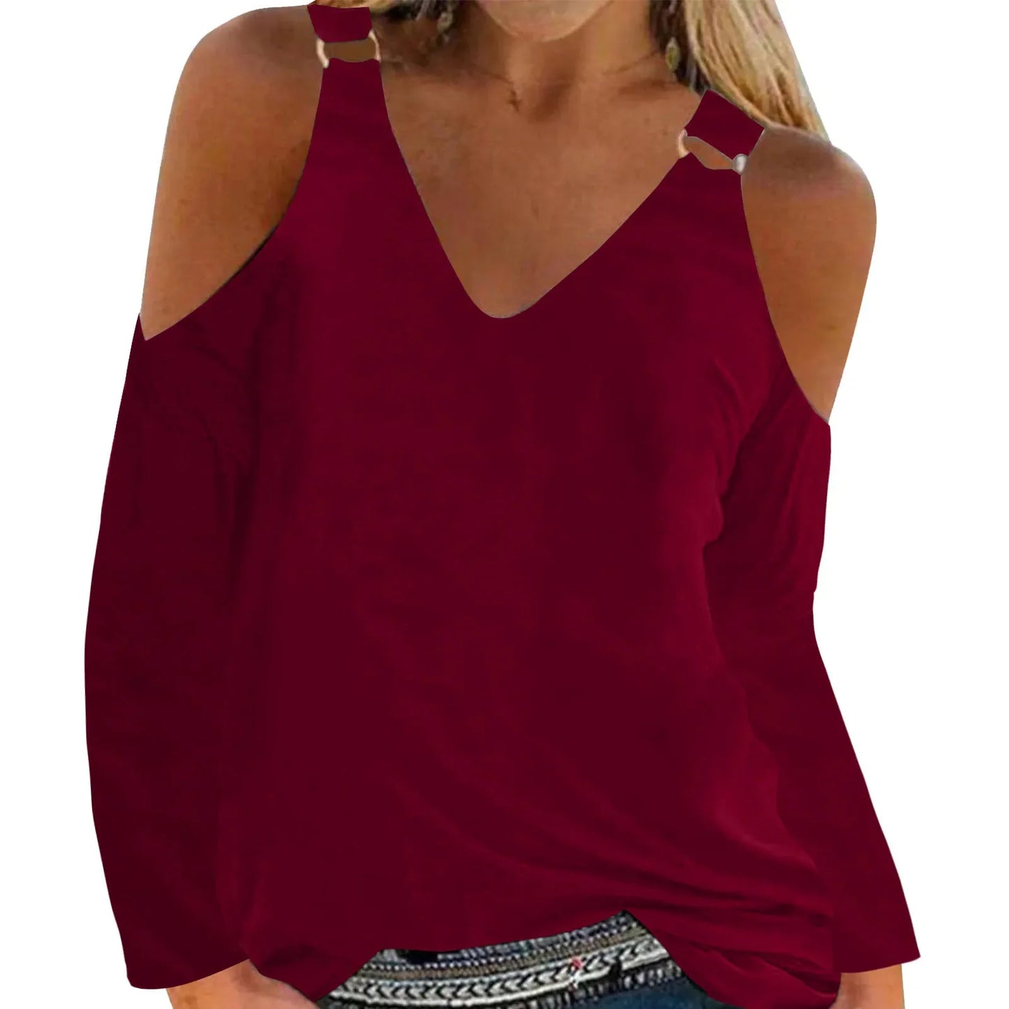 Women's V-Neck Leak Shoulder Long Sleeve Top, Loose Blouses for Women, Casual and Sexy, Youthful Clothes, Monochromatic, New