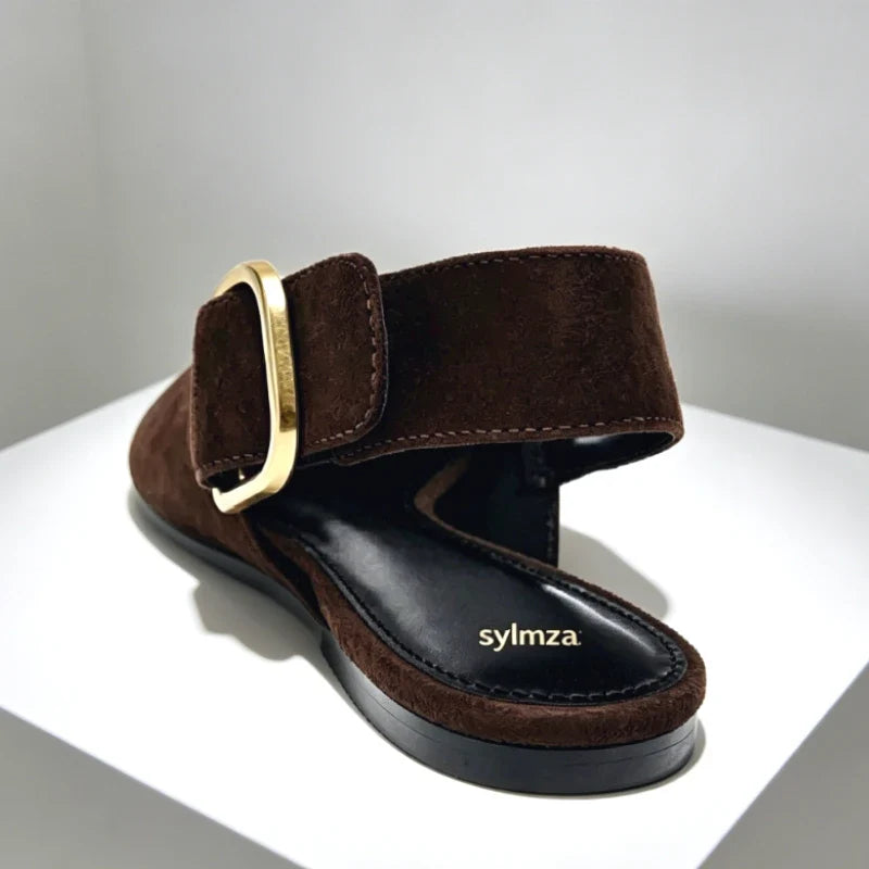 Fashion Metal Buckle Design Flat Sandals Women 2026 New Brown Suede Pointed Toe Slingback Designer Shoes Comfortable Women Shoes