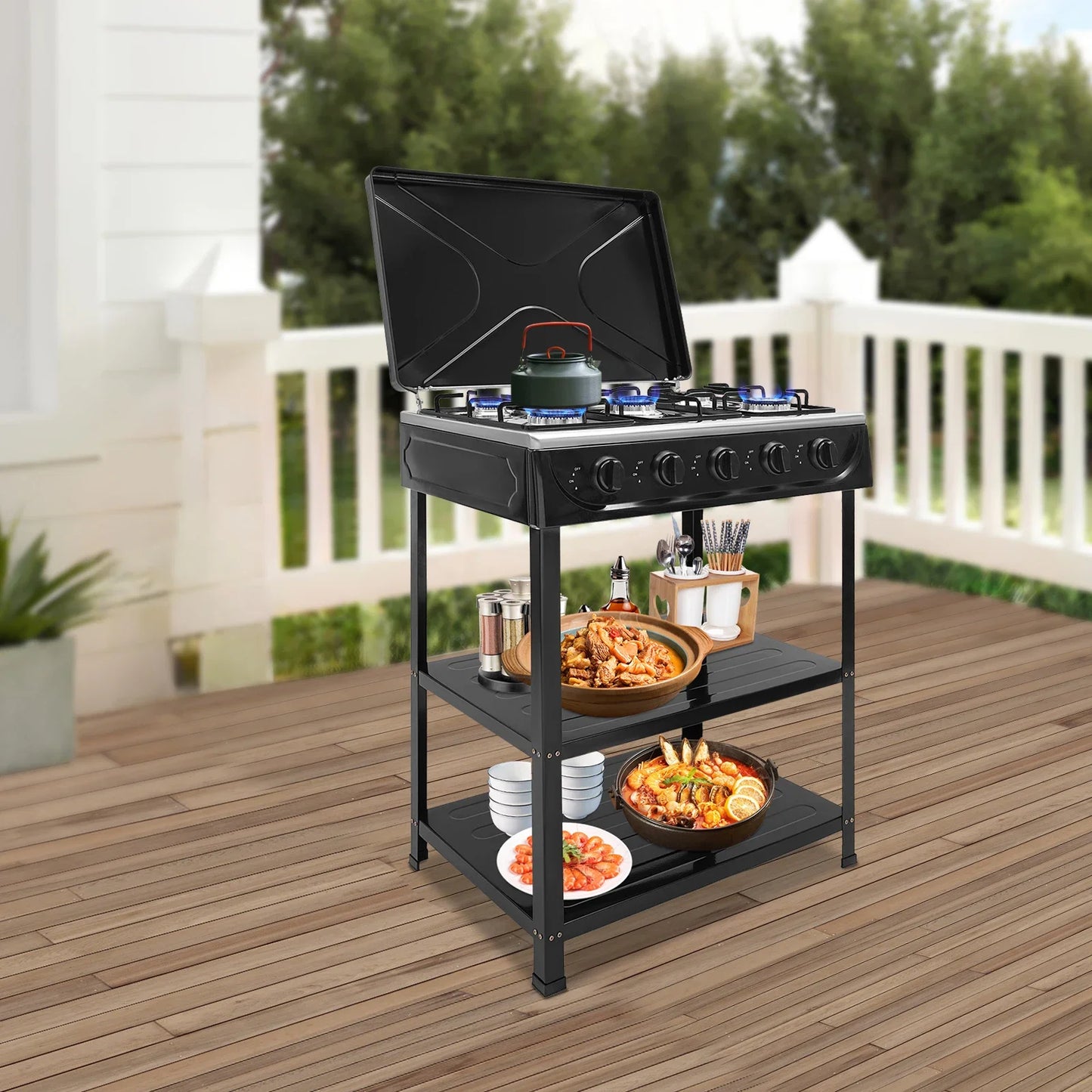 Rectangular Natural Gas Stove, 82cm/32.28in Portable Natural Gas Stove W|5 Burners for Outdoor Camping, Fishing,RV Travel(Black)