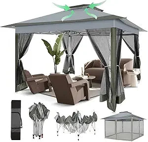 12x12 Pop Up Gazebo Canopy Tent Easy Up Outdoor Gazebo Waterproof Upgrade Portable Gazebo with Mosquito Nettings, Double Vented