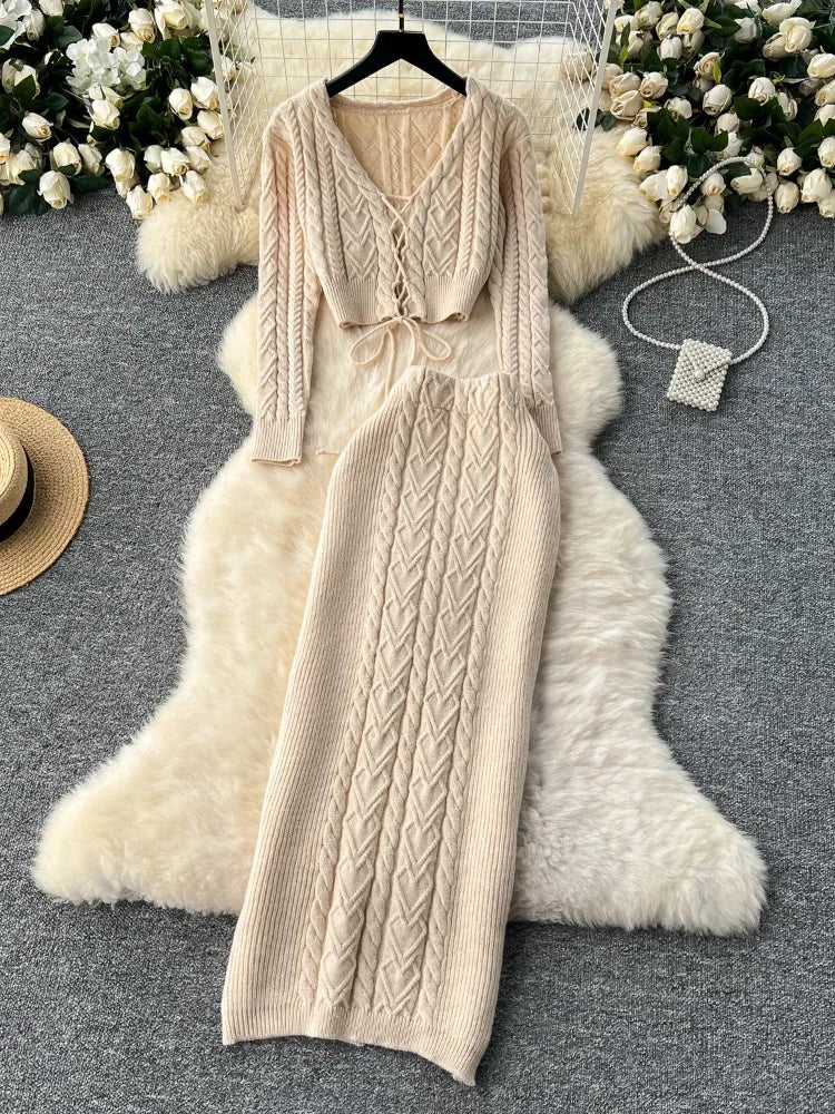 Autumn Elegant Sweater 2 Piece Set Women Hollow Out Frenum Top + High Waist Bodycon Split Skirt Female Solid Knitted Suits New