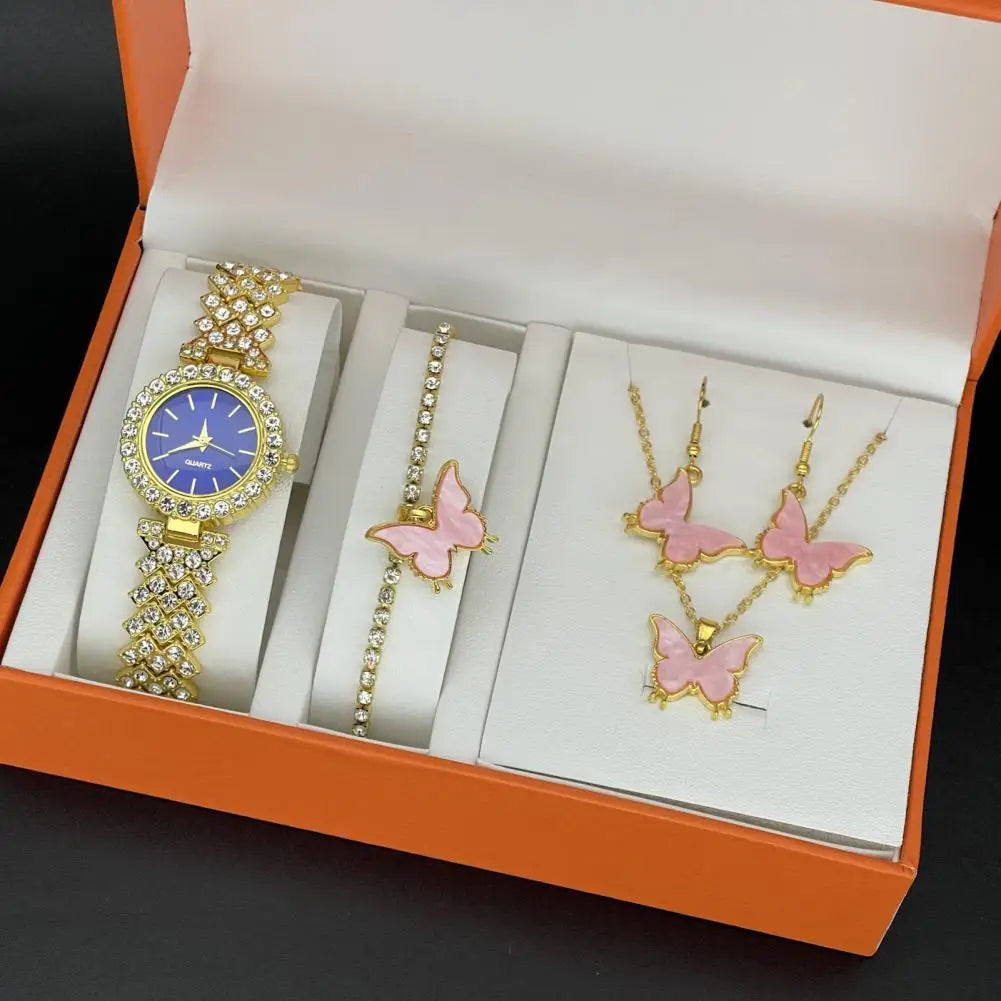 1 Set Women Jewelry Set with Gift Box Complete Collection of Quartz Watch Necklace Bracelet Ring Earring Set Golden Jewelry Gift