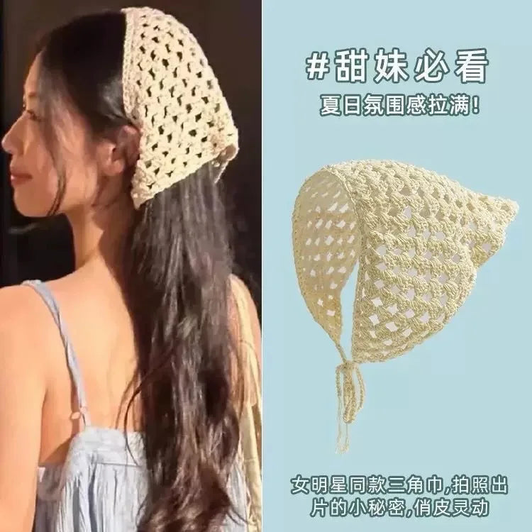 Korean-style cozy knit triangular headscarf for women, spring/summer, cute versatile country beach vacation hairband