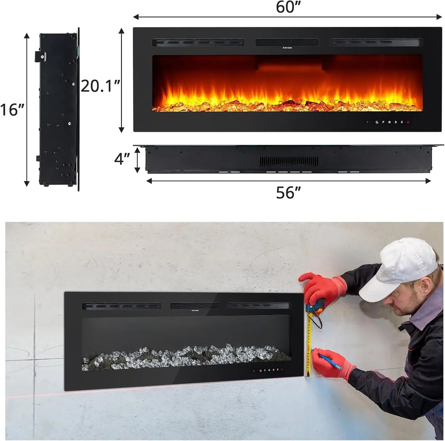 60" Electric Fireplace, 3.85" Ultra-Thin Recessed & Wall Mounted  12 LED Flame Colors