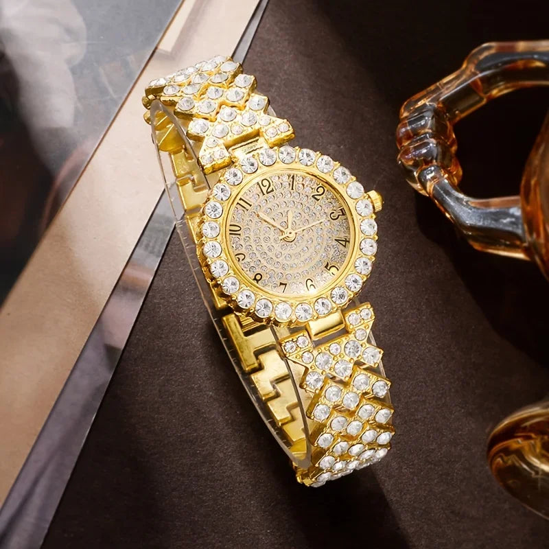 6-piece/set women's watch luxury rhinestone quartz watch gold fashion simulation watch and jewelry set