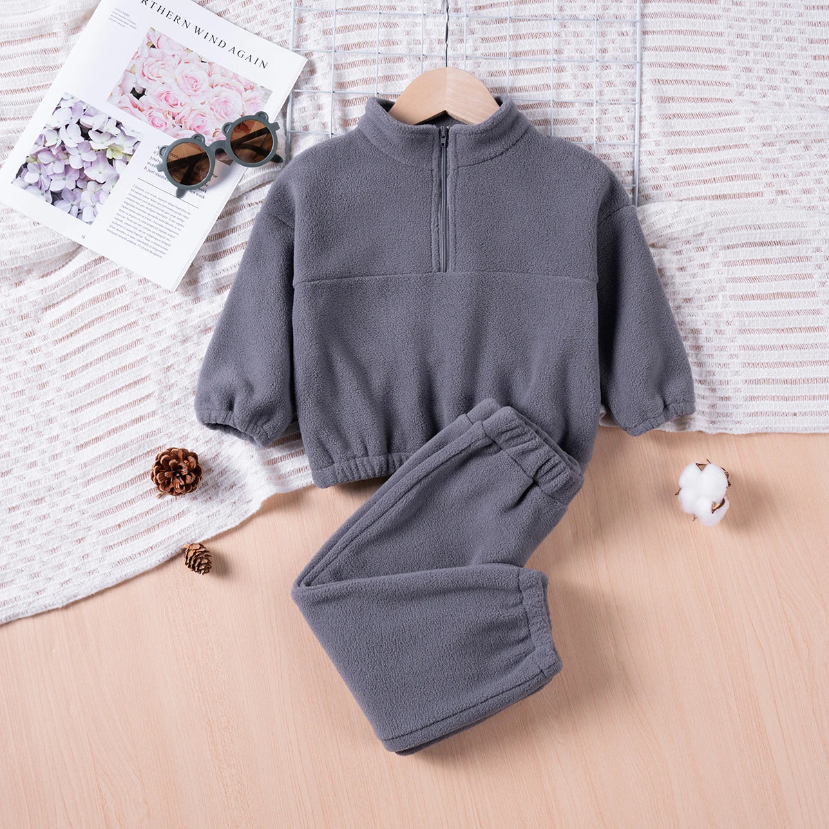 Winter Children Sets 0-4Y Girls Boys Thick Fleece Hooded Long Sleeve Pullover+ Solid Casual Long Pants Suits