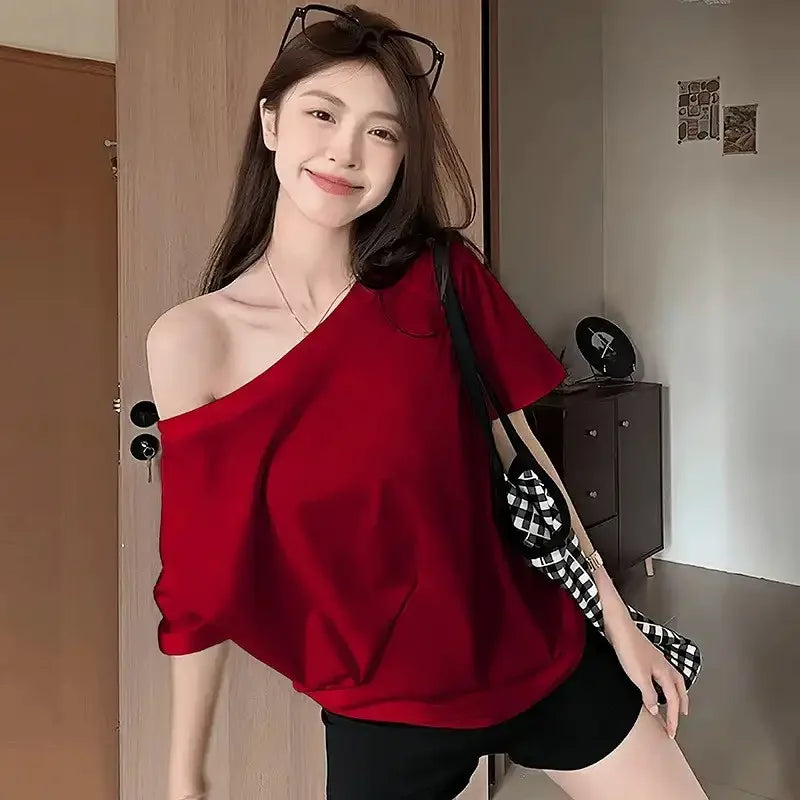 Fashion Loose Ladies Batwing Sleeve Trend Solid Color Off Shoulder Summer New Style Pullover Slash Neck Tshirt Tops Short Sleev