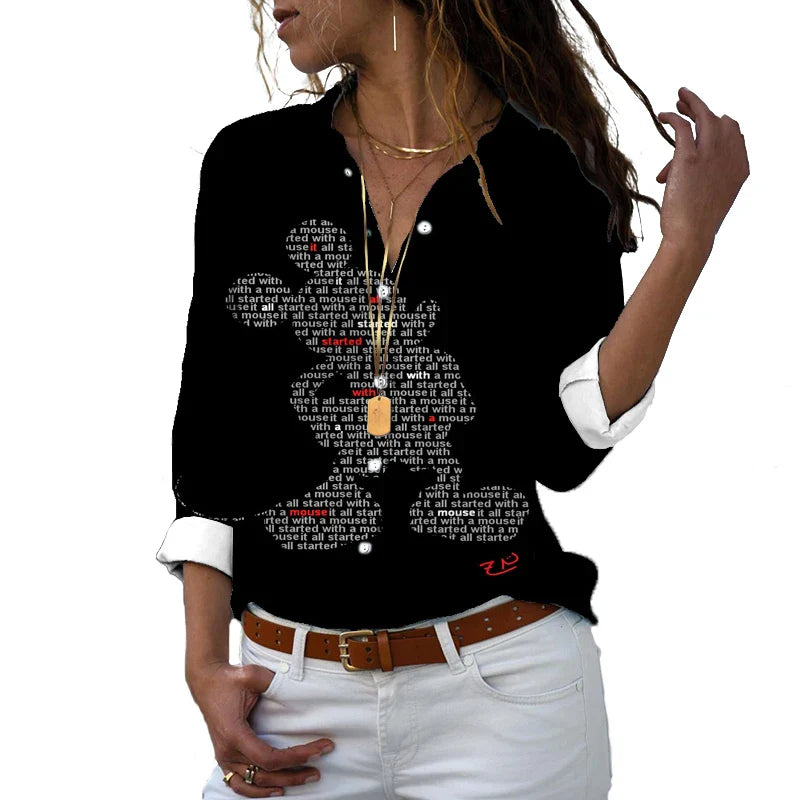 New 2024 Disney Harajuku Slim Fit 3D Print Women's Button Up Long Sleeve Lapel Mickey Minnie Casual Cute Shirt y2k