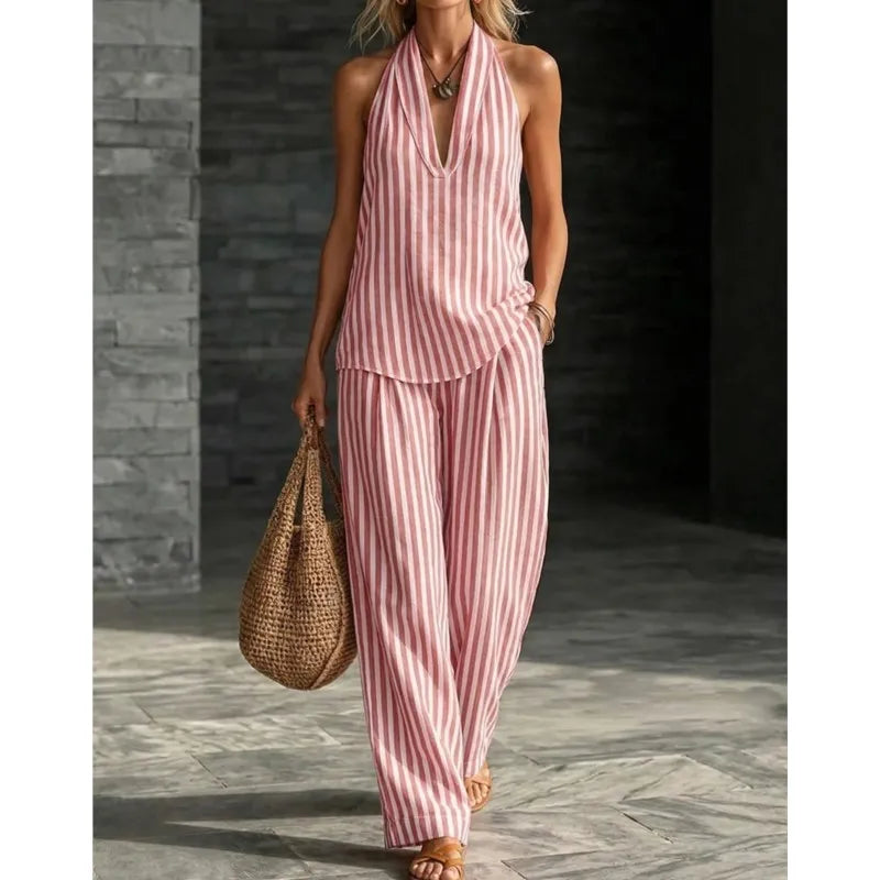 Women's Casual Two-piece Set Spring Summer Striped Wide-leg Pants Halter Top Cotton And Linen Two-piece Set For Women Clothing