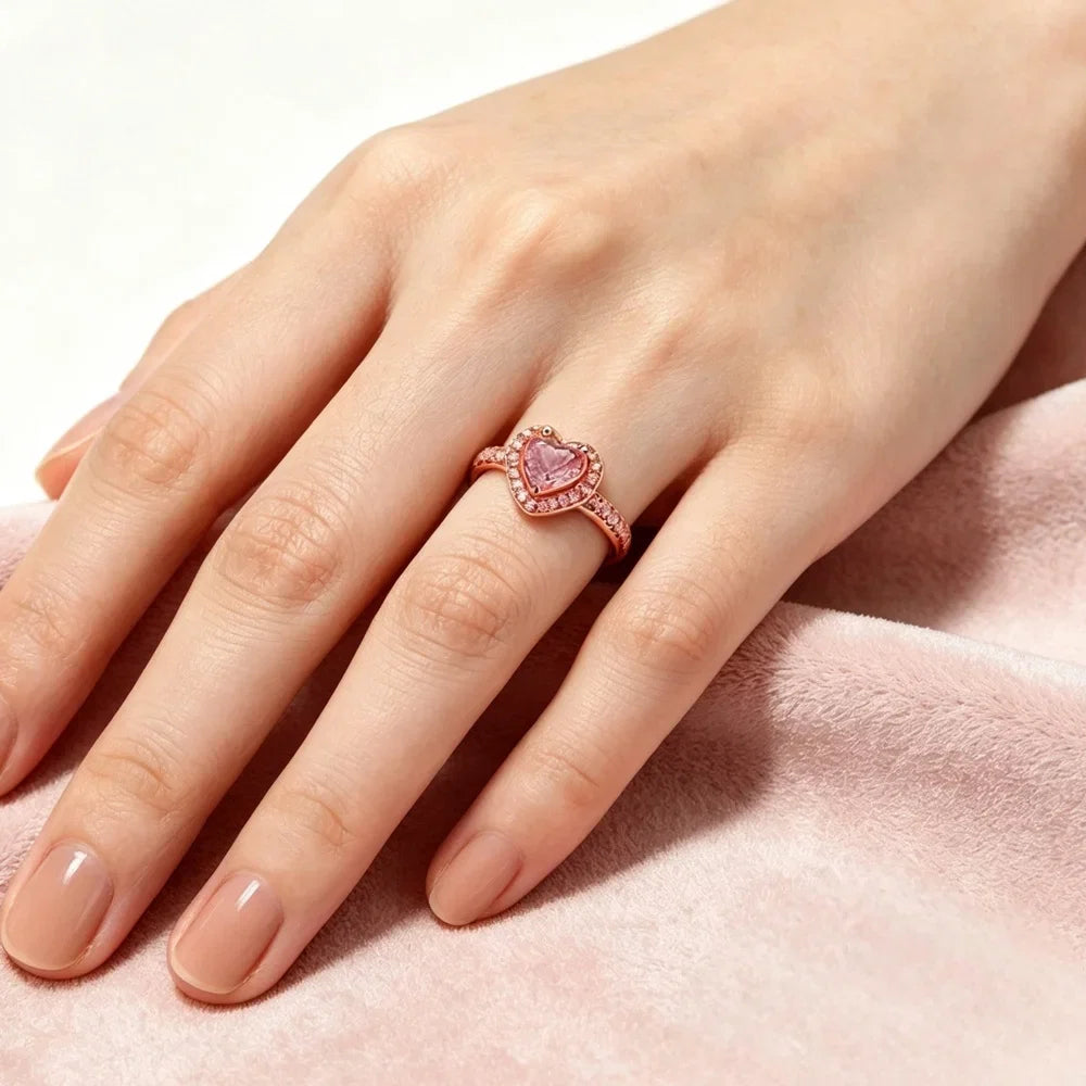 Rose Gold Plated Elegant Heart Halo Cocktail Ring Brilliant Multi Stone Fine Jewelry For Women And Teens