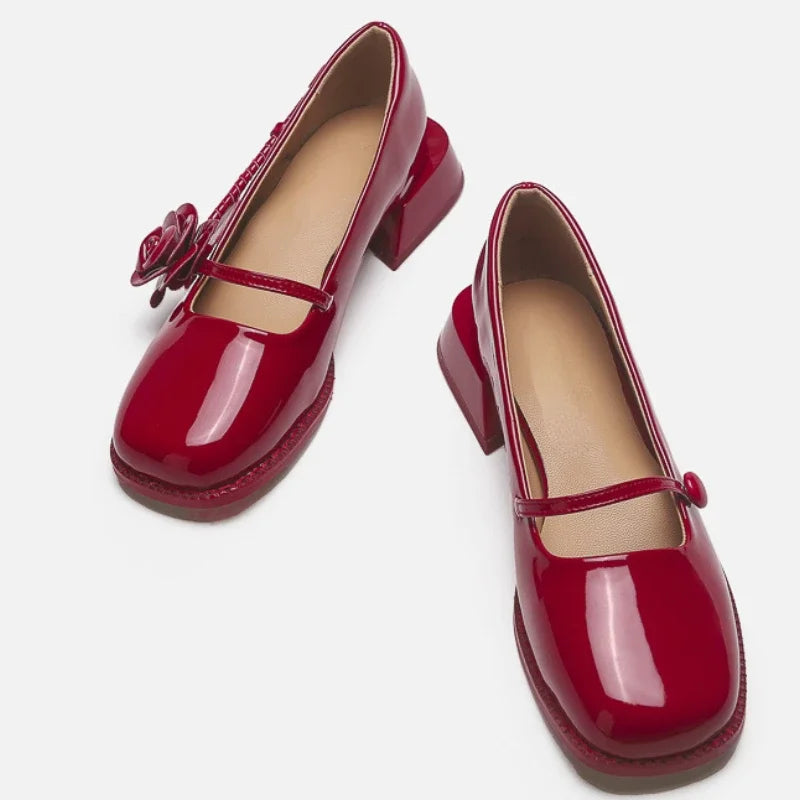 Lacquer Leather Mary Jane Shoes Women Flower Designer Women Shoes Shallow Fashion Square Toe Elegant Chunky Retro Pumps Female