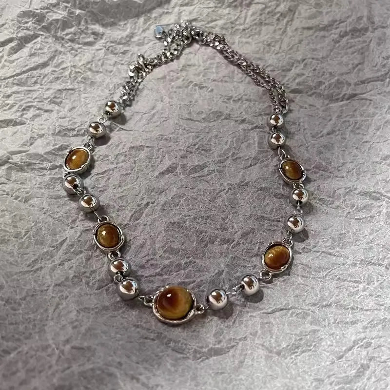 Boho Natural Tiger Eye Stone Beaded Necklace Set Multi Color Glass