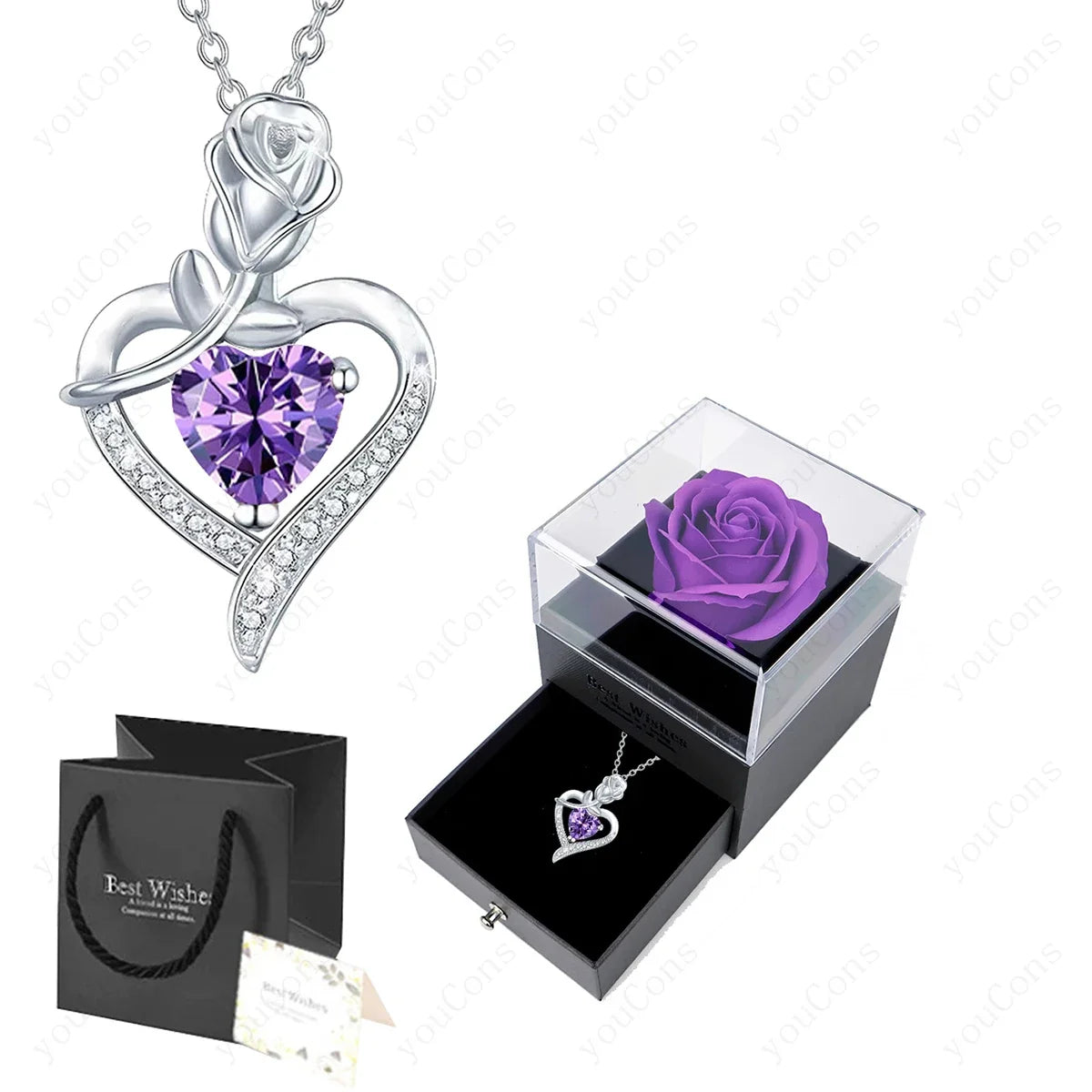 Luxury Red Zircon Heart Necklace With Rose Flower Gift Box For Girlfriend Birthday Valentine Gift  Romantic Accessories