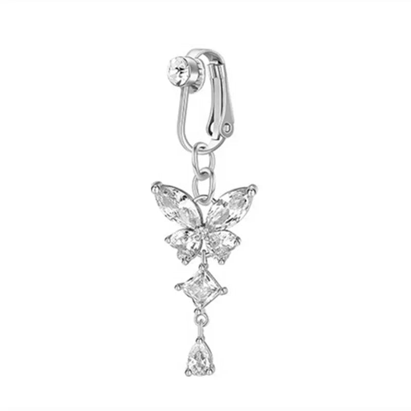 Clip On Belly Button Ring Butterfly Copper Zircon Pink Fake Belly Piercing Umbilical Navel Body Jewelry Trendy Fashion Style