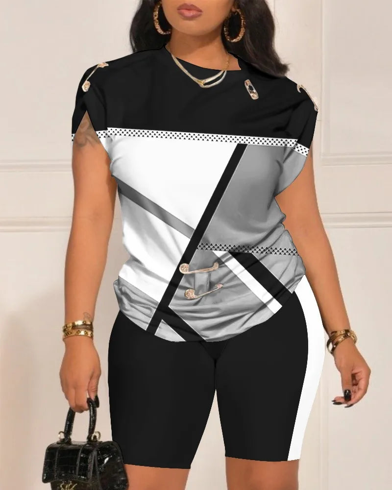 Women's Tops Tees+Shorts Sets Casual 2-piece Combination 2023 Summer Fashion Pin Print T-shirt Shorts  Suit S-XXXL