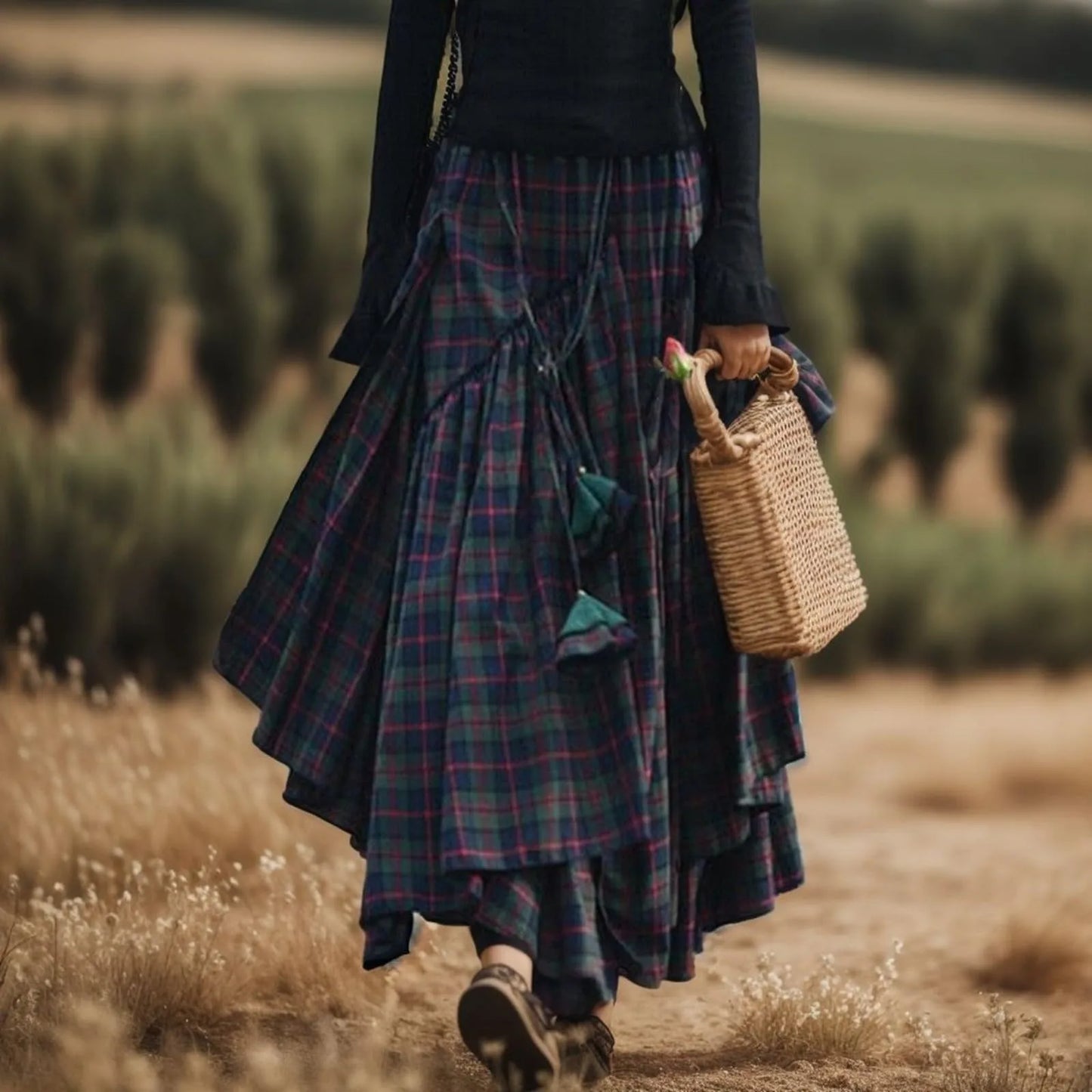 Vintage Weekend Skirt Full Bed Women'S Checked Skirt Long Tartan Retro Maxi Skirt High Waist Tartan Skirt Flared Shape Clothes