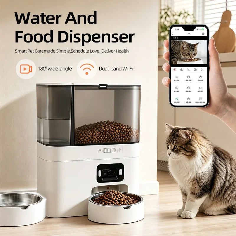 Pet Food and Water Dispenser 5L+3L Button WiFi Camera Tuya APP Automatic Smart Cat Feeder for Cats Dogs Stainless Steel Bowl