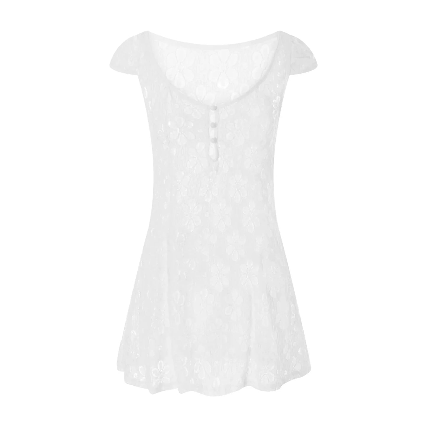 Edhomenn Women Short Flowy Dress Square Neck Cute White Mini Dress Backless Y2k A line Dress Ruffle Ruched Lace Dress