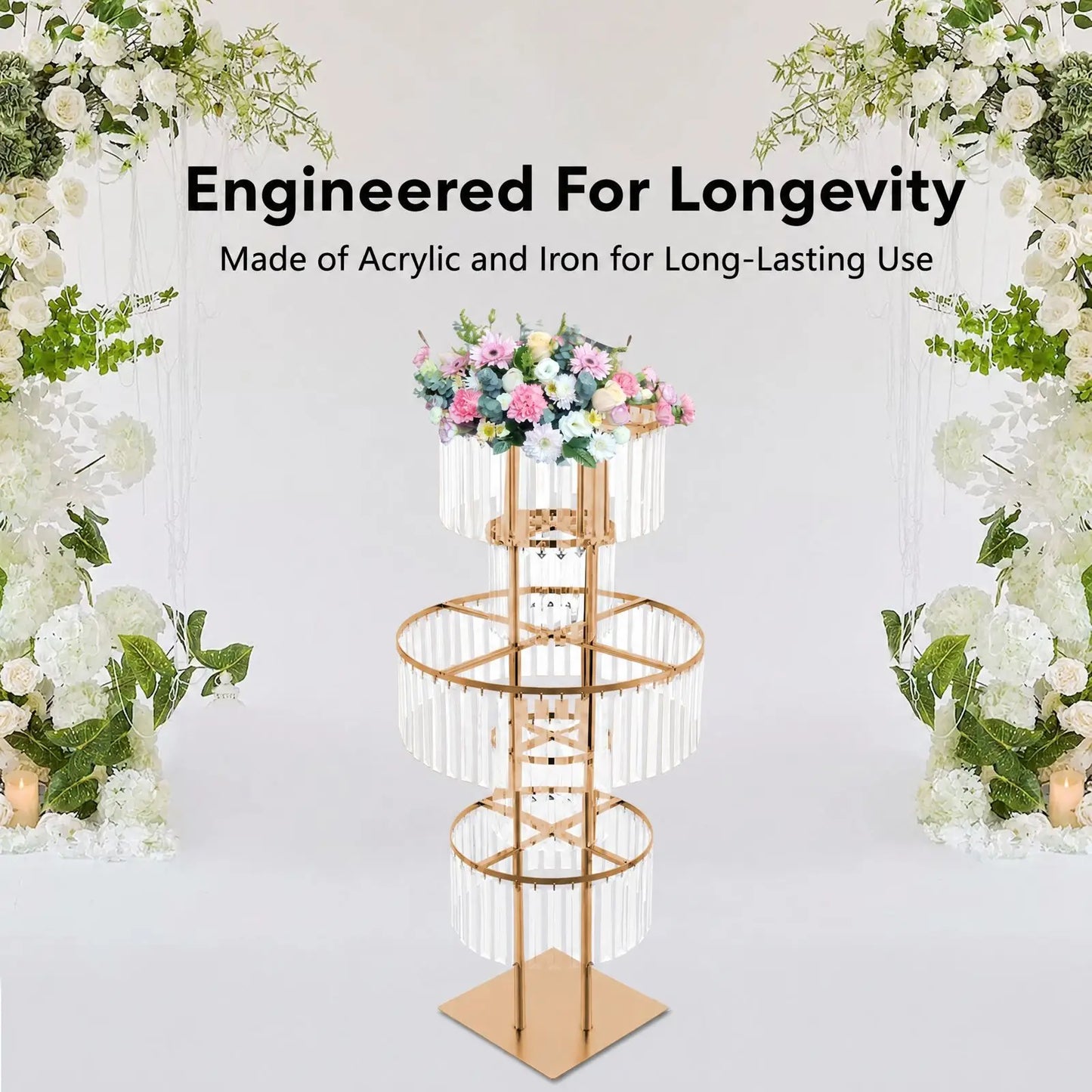 5 Tiers Gold/Silver Wedding Centerpieces Flower Stand Vase Centerpiece Acrylic Flower Stand with Hanging Acrylic