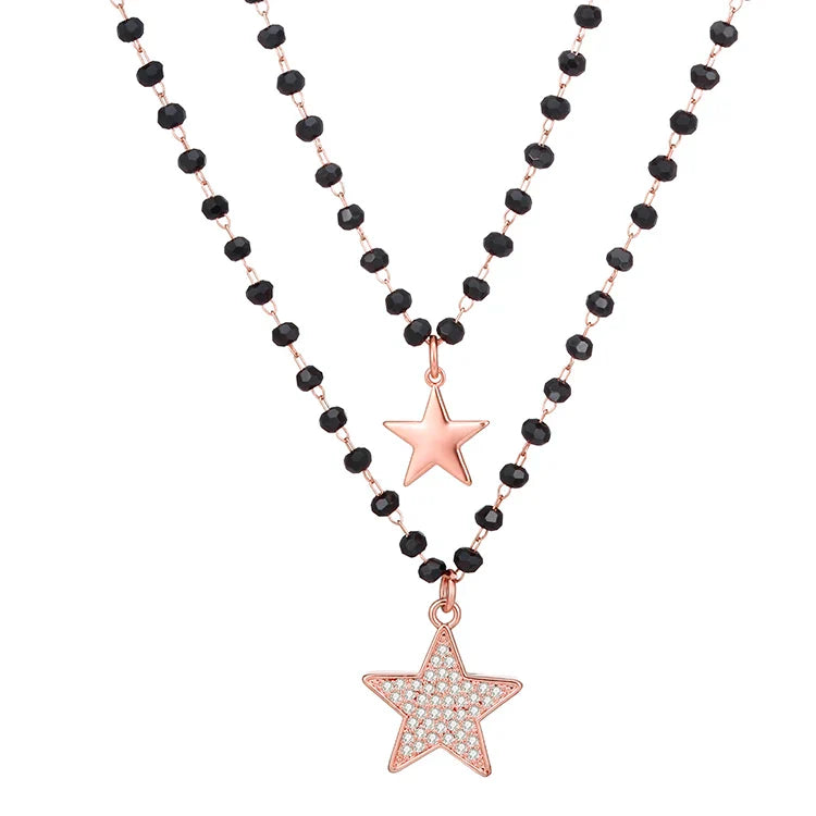 Fashion Double Layer Black Crystal Beads Necklace For Women Stainless Steel Star Choker Necklace Women's Jewelry femme Bijoux