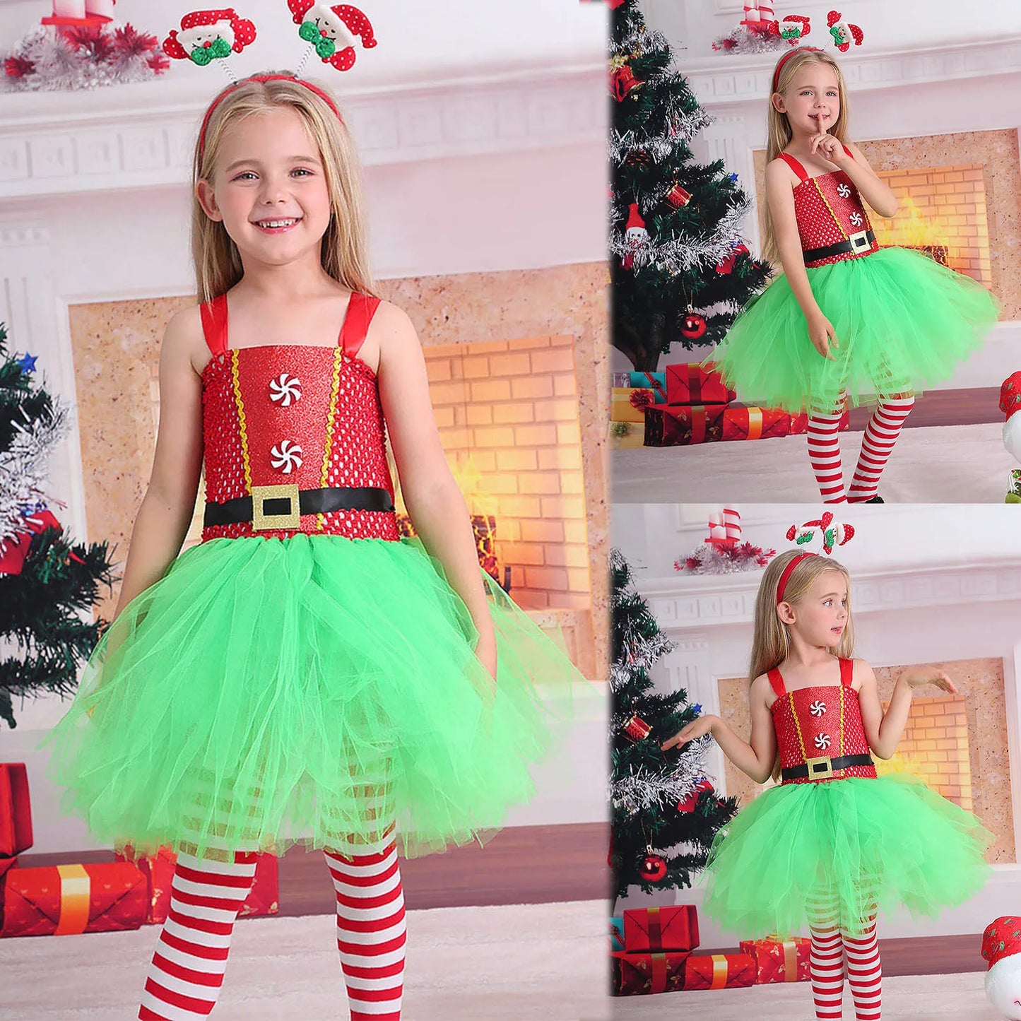 Girls Christmas Elf Cosplay Costume Carnival Party Kids Santa Claus Princess Tutu Dress Children's Xmas Role Play Fancy Dress-up