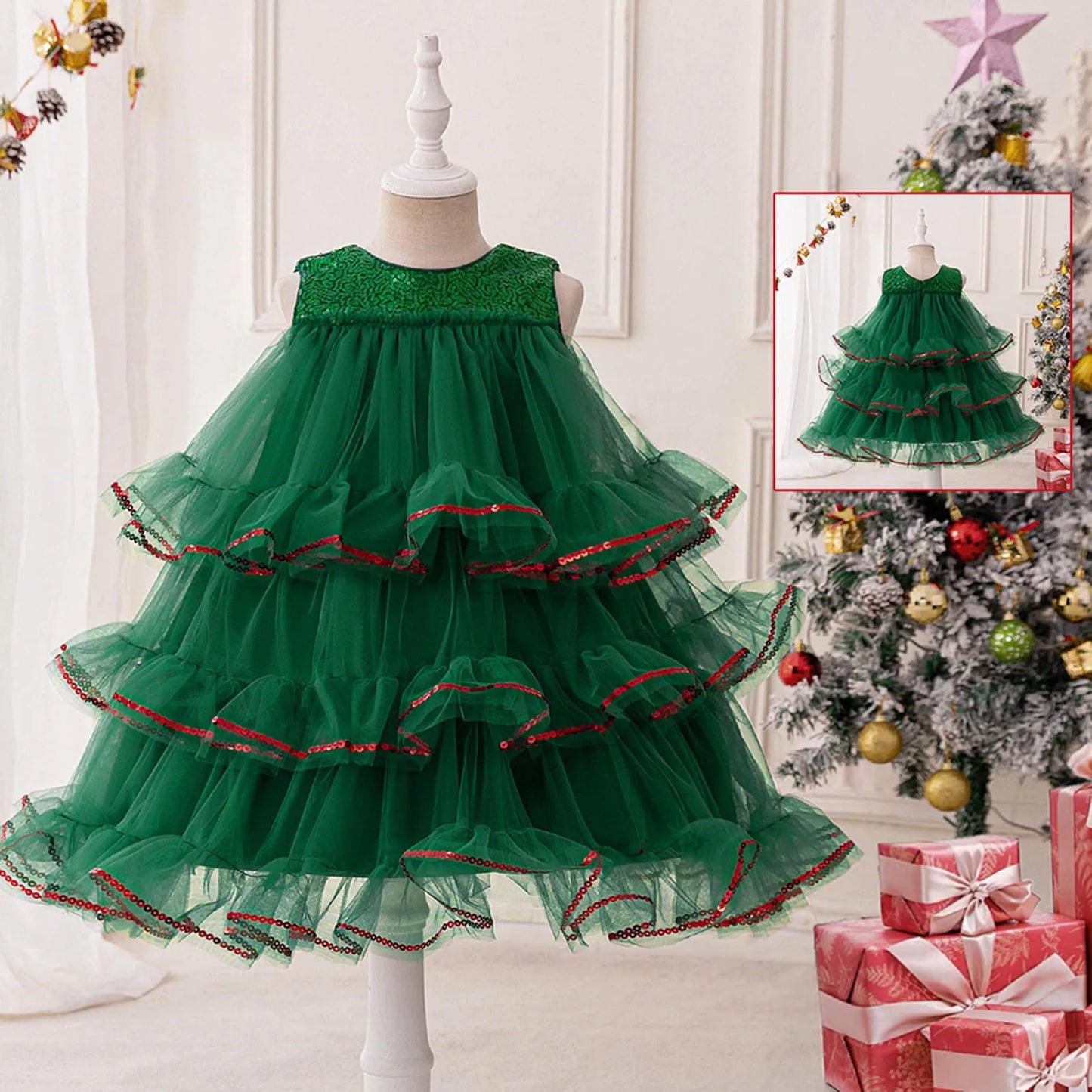 Elegant Baby Girl Christmas Dress Christmas Tree Style Cake Tiered Fluffy Tulle Toddler Ball Gowns 1 2 3 4 Years Newborn Clothes