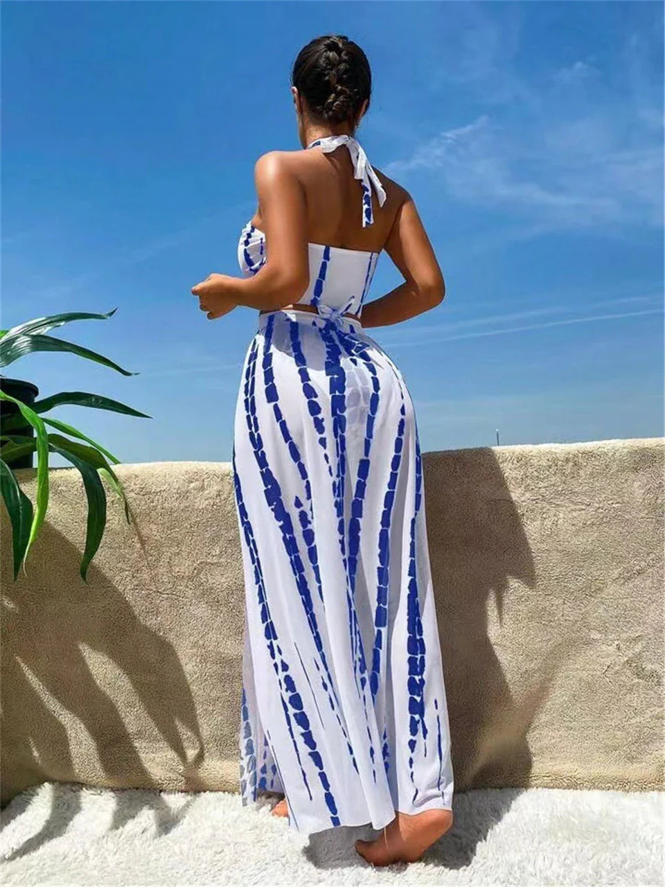 3 Pieces Tie Dye Cross Bikini 2025 Women Sexy Halter Swimsuit & Cover Up Pants Swimwear Bathers Bathing Swimming Suit Beachwear