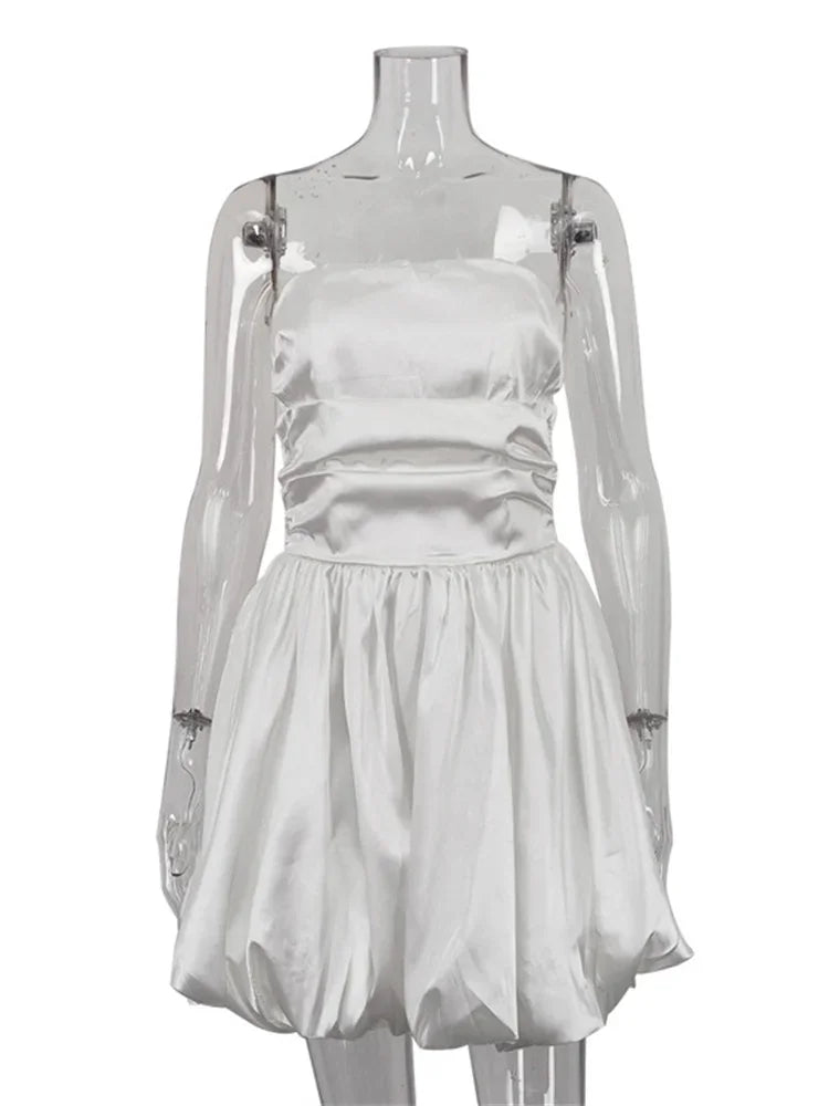 White Pleated Mini Dress For Women Bandeau Slim Patchwork Backless Elegant Fashion Dress Solid Female Party Dress 2024 New
