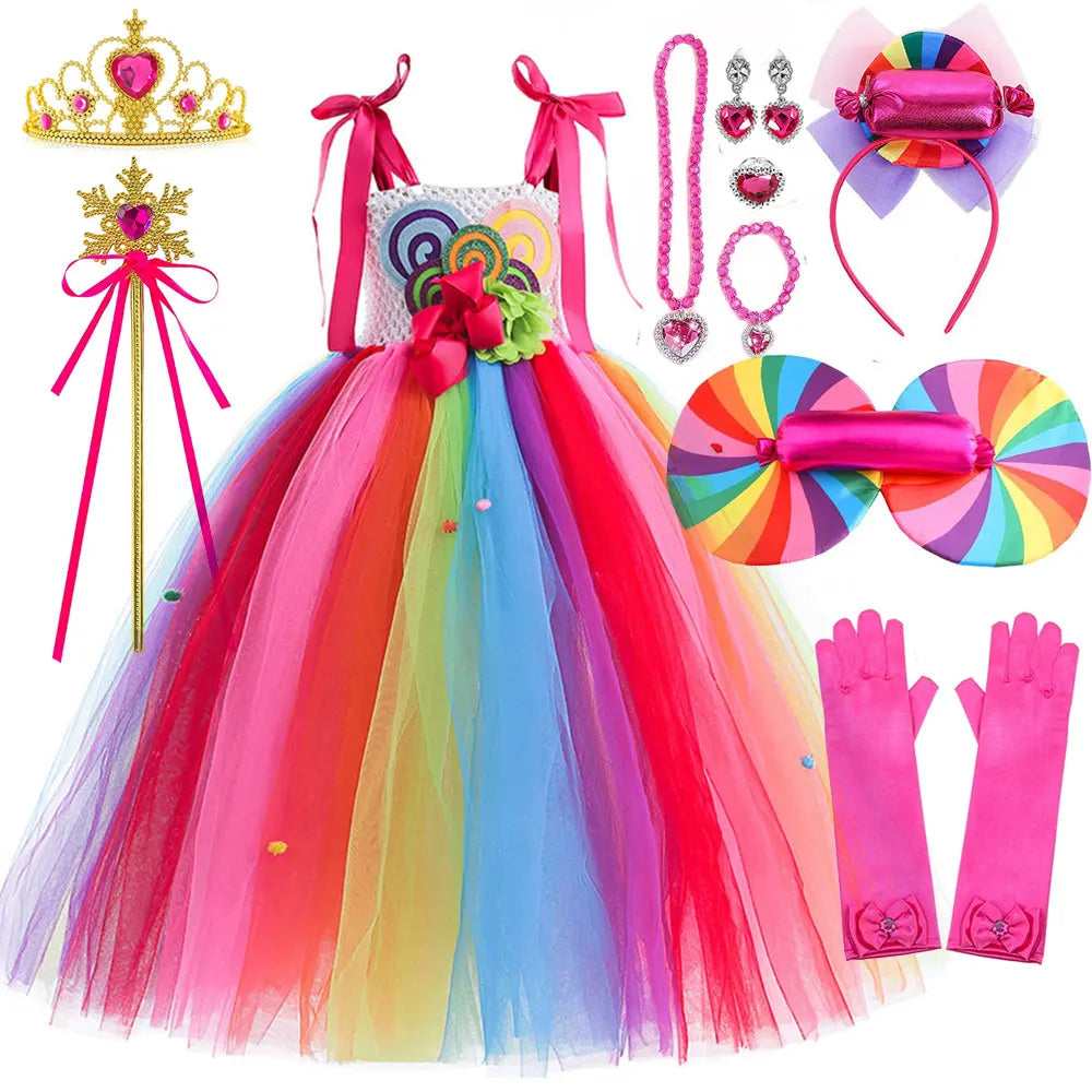 Delicate Princess Lollipop Fairy Costume Girls Halloween Candy Role Play Dress up Kid Carnival Purim Party Cute Vestidos Rainbow