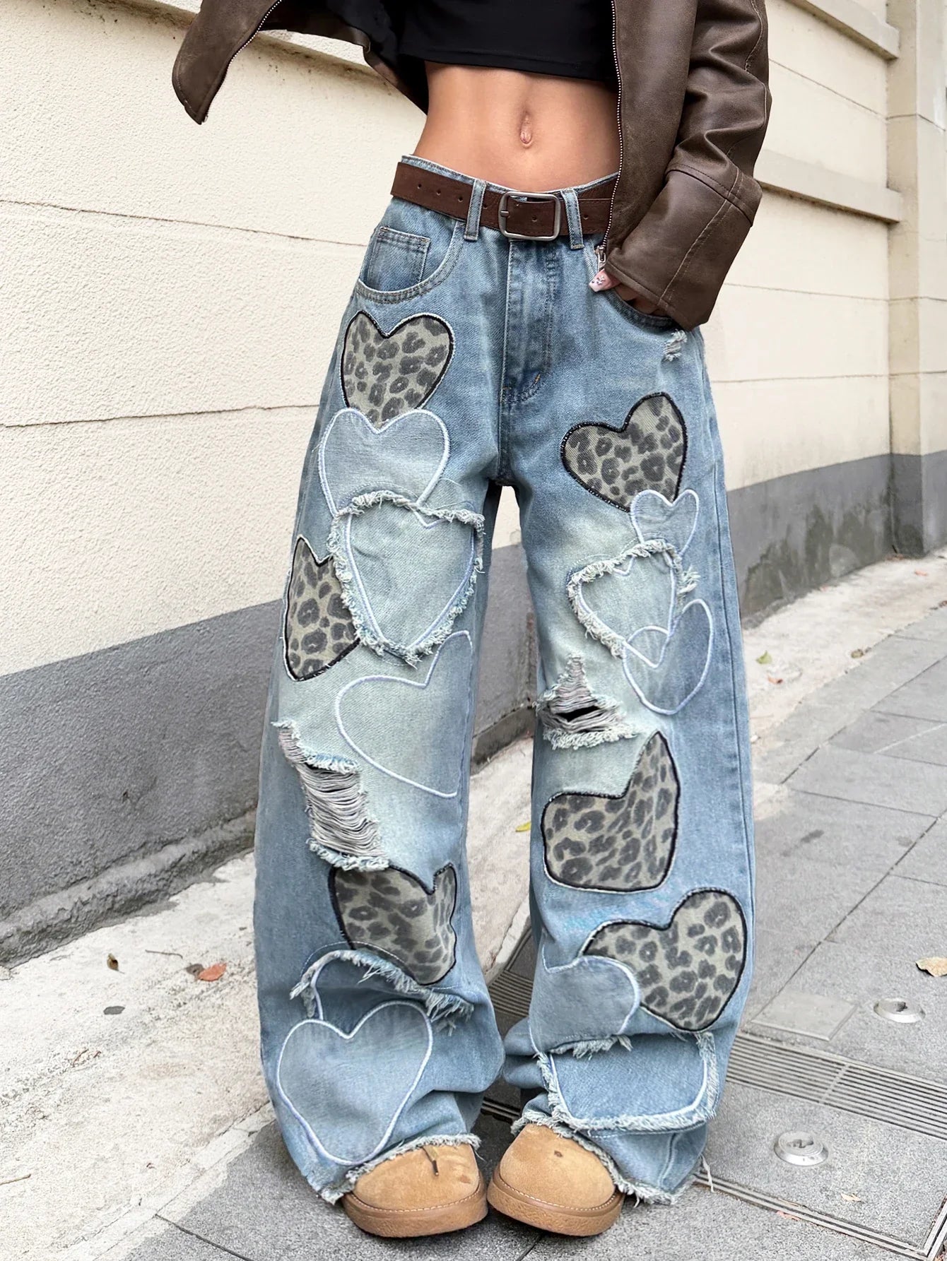 American Retro Heart-Shaped Leopard Print Patchwork Women's Loose High-Waisted Blue Wide-Leg Jeans, Street Fashion Niche Design Versatile Trousers