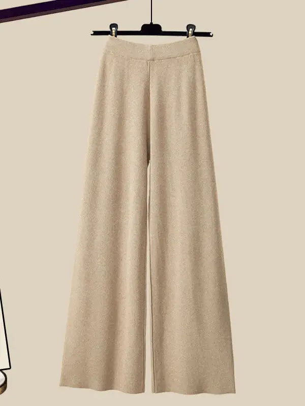Fall Winter Knitwears 3 Pieces Set For Women Plaid Knitted Vest+solid Blouse+wide Leg Knitting Pants Sets Women Outfits 2024