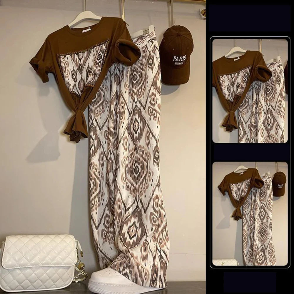 Fashion 2piece Set Women's Summer Thin O-neck Short Curled Sleeves Printed Patchwork T-shirt+Elastic Loose Wide Leg Pants