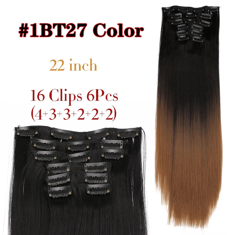 Leeons 16Clips Long Straight Synthetic Clip On Hair Extensions Cheveux Clip Naturel High Temperature Fiber Black Brown Hairpiece