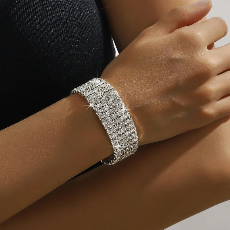 Classic Multiple Shining Rhinestone Crystal Stretch For Women Girls Bridal Wedding Wristband Elastic Bracelet Gold Silver Color