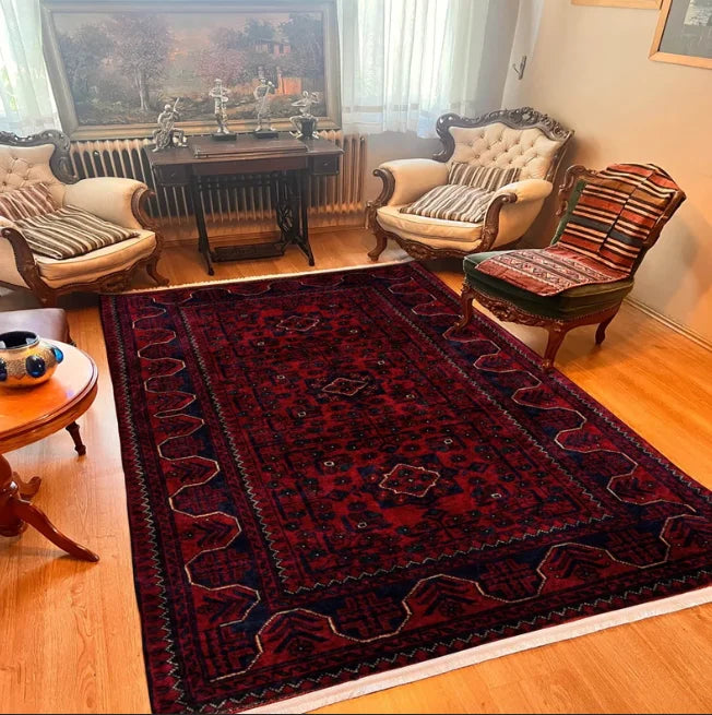 Dark Red Afghan Rug Vintage Distressed Style Washable Area Carpet