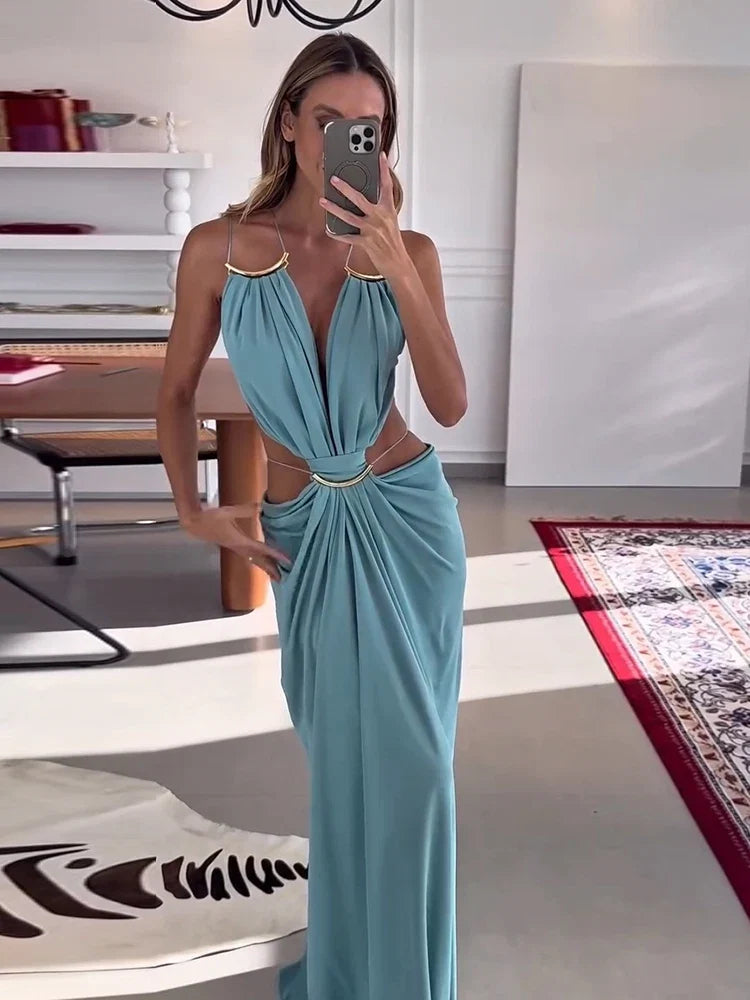 Sexy Women's Backless Dress Halter Sleeveless Waist Hollow Out Solid Female Dresses 2026 Summer Vacation Beach Fashion Lady Robe