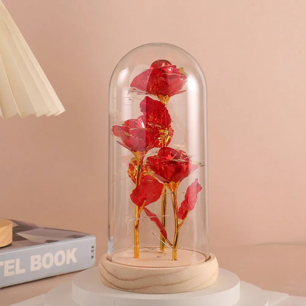 LED Valentine Day Gift For Girlfriend Eternal Rose Light 24K Gold Foil Flower In Glass Cover Mothers Day Wedding Bridesmaid Gift
