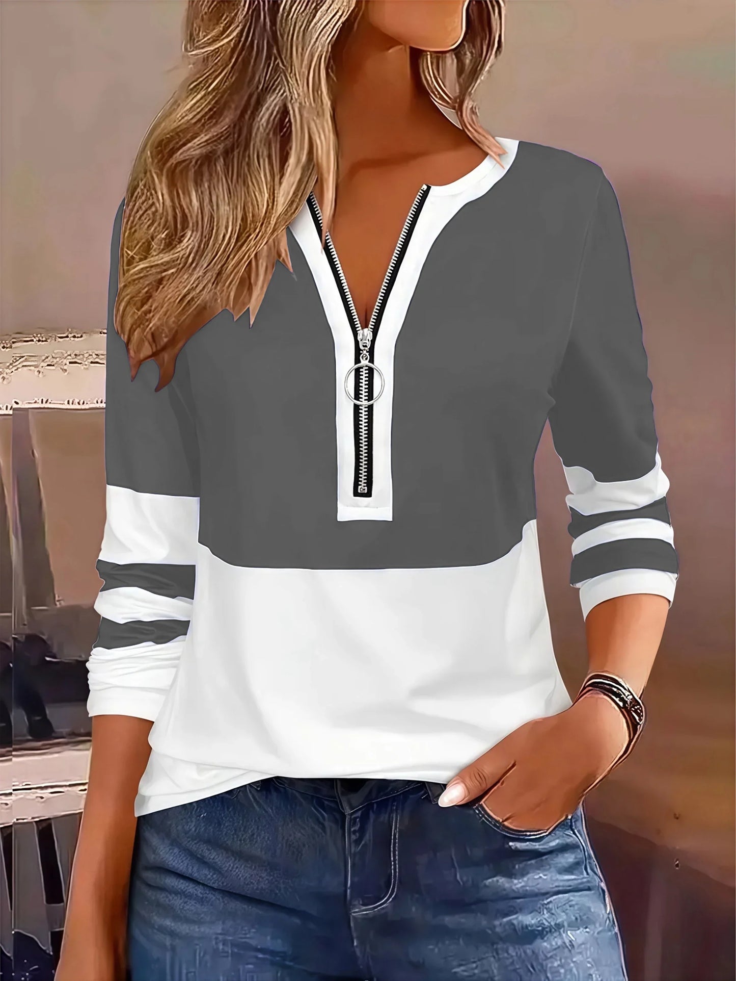 Plus Size Long Sleeve, Geometric Stripes & Color Block Ring Zipper.