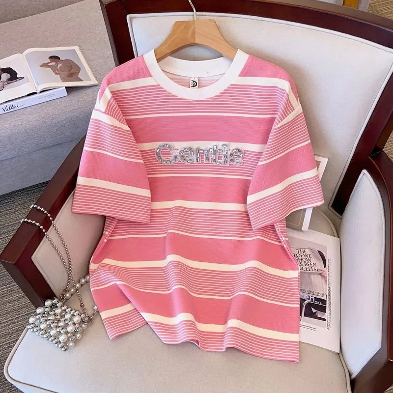Women Plus Size Summer Regular Short Sleeve Suits Casual Strecth Cute Outfits Women Stripe O Neck Loose Two Piece Shorts Sets