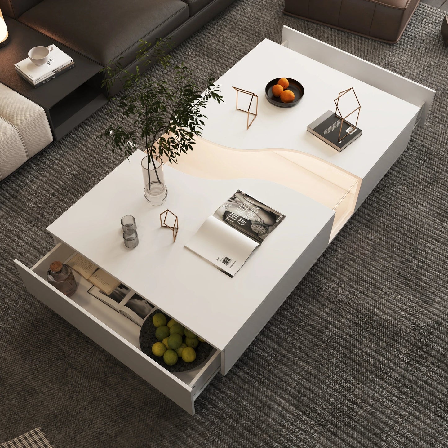 55.1'' Wide Modern Coffee Table With 2 Drawers & LED Lights.