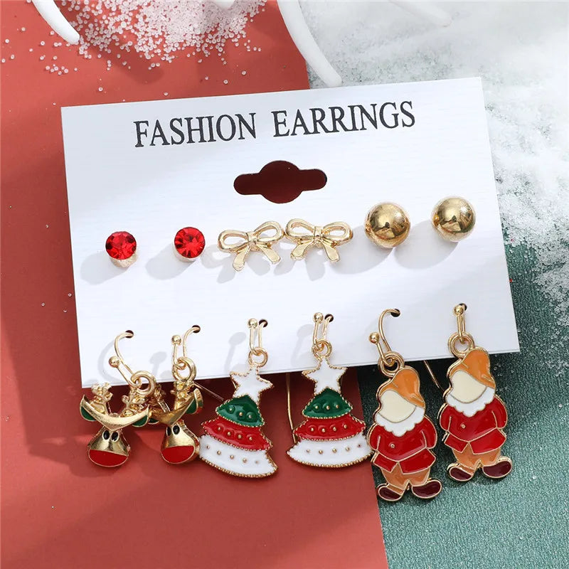 6 pairs Christmas Stud Earrings Xmas Tree Brown Elk Snowman Santa Claus Cute Christmas Earrings Christmas Gifts For Women Girls
