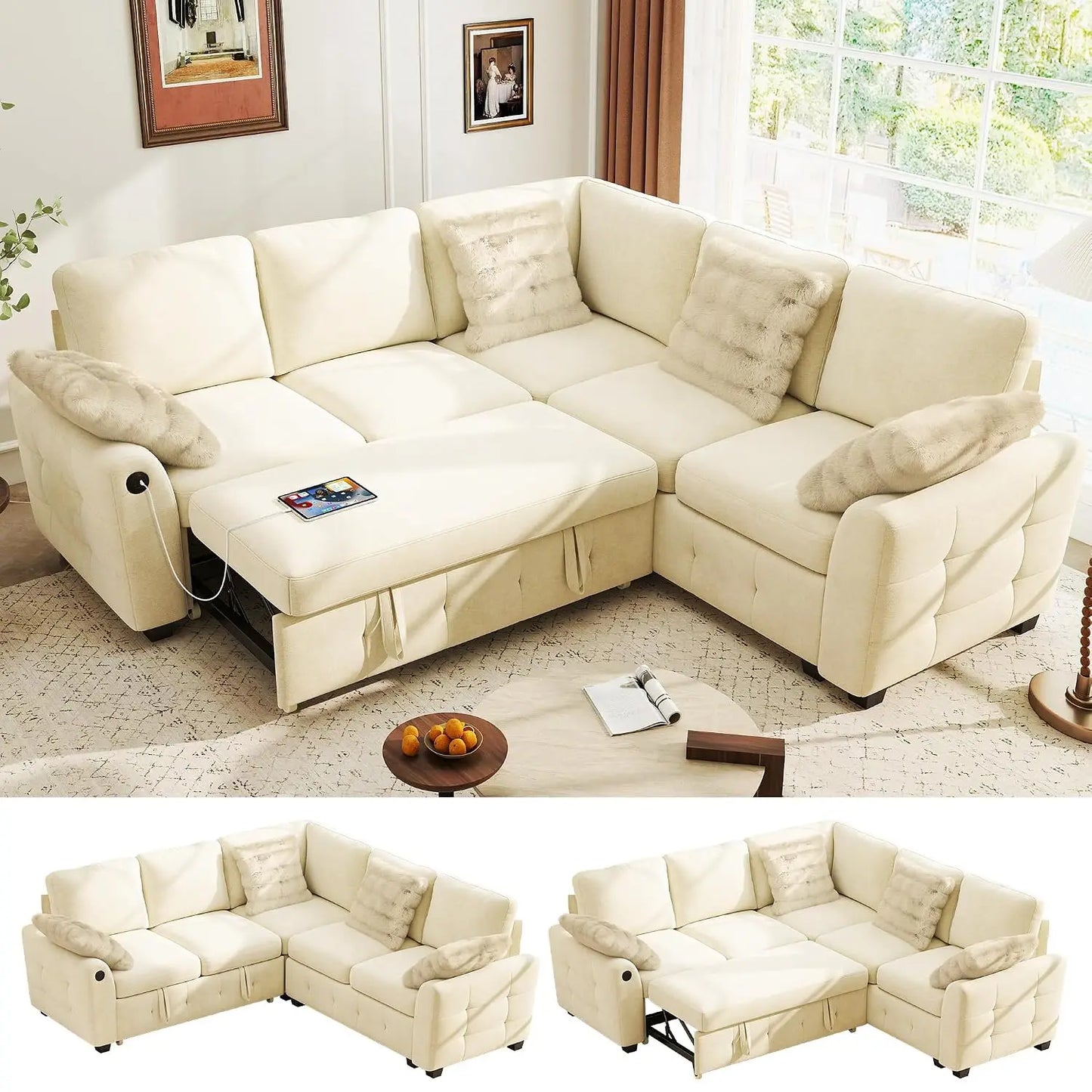 L-Shaped Sectional Sofa Bed with Storage, 5-Seater Convertible Pull Out Sleeper Sofa with USB Charging Ports, 4, Customized