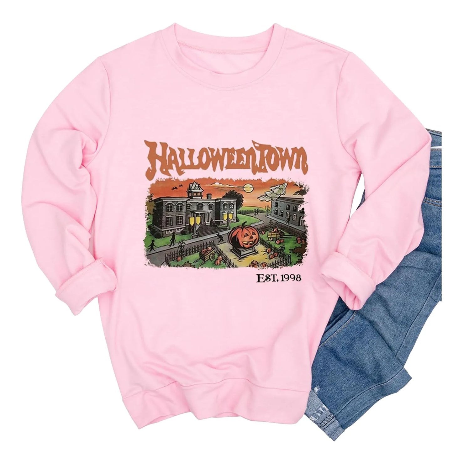 Women'S Halloween Printed Pullover Sweater Halloweentown Graphic Y2k Hoodless Sweatshirt Long Sleeve Crew Neck Classic Hoodies