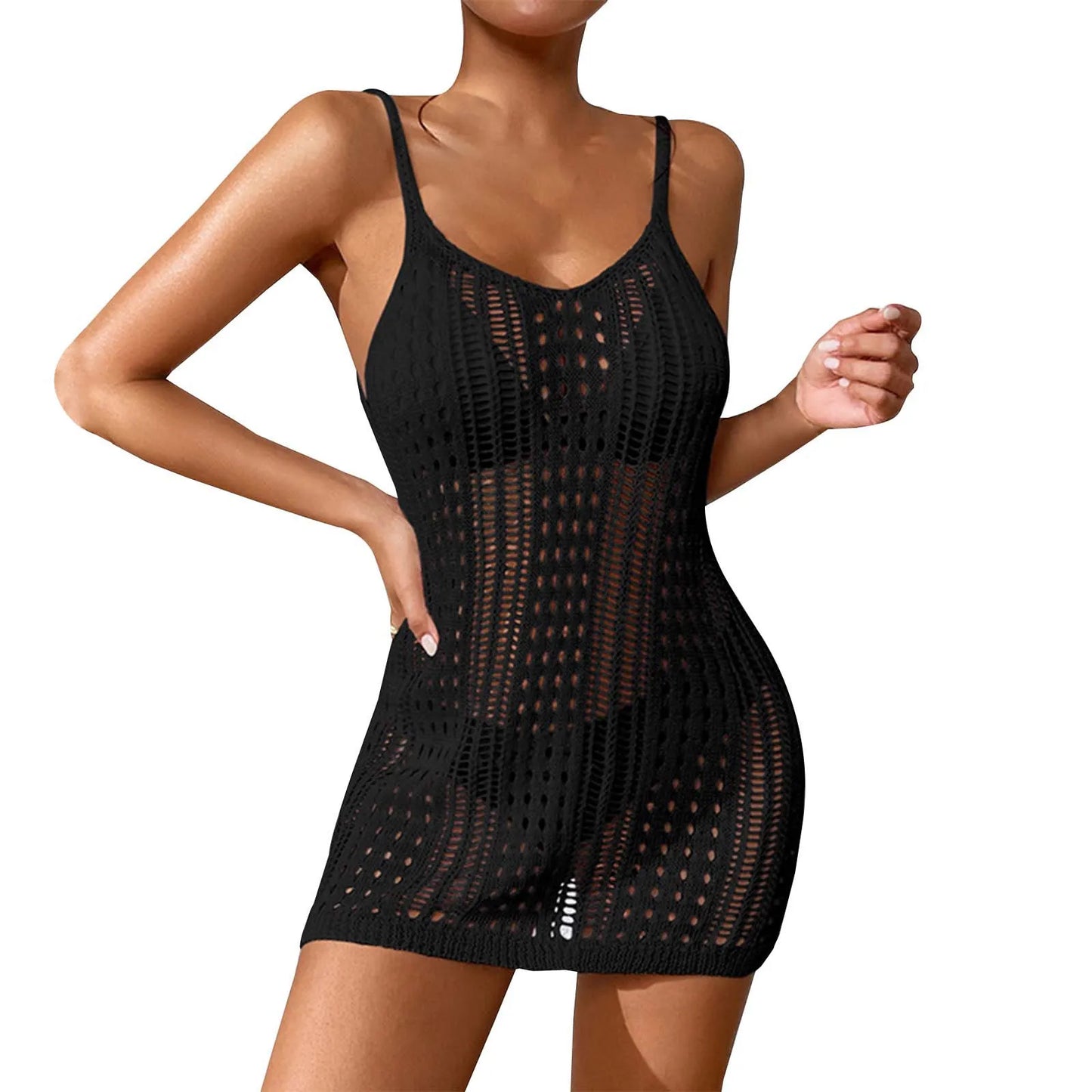 Women'S Sexy Sheer Knit Textured Crochet Overlay Spaghetti Strap Short Dress Beach Cover Women S Swim Cover Ups Halter Cover Up