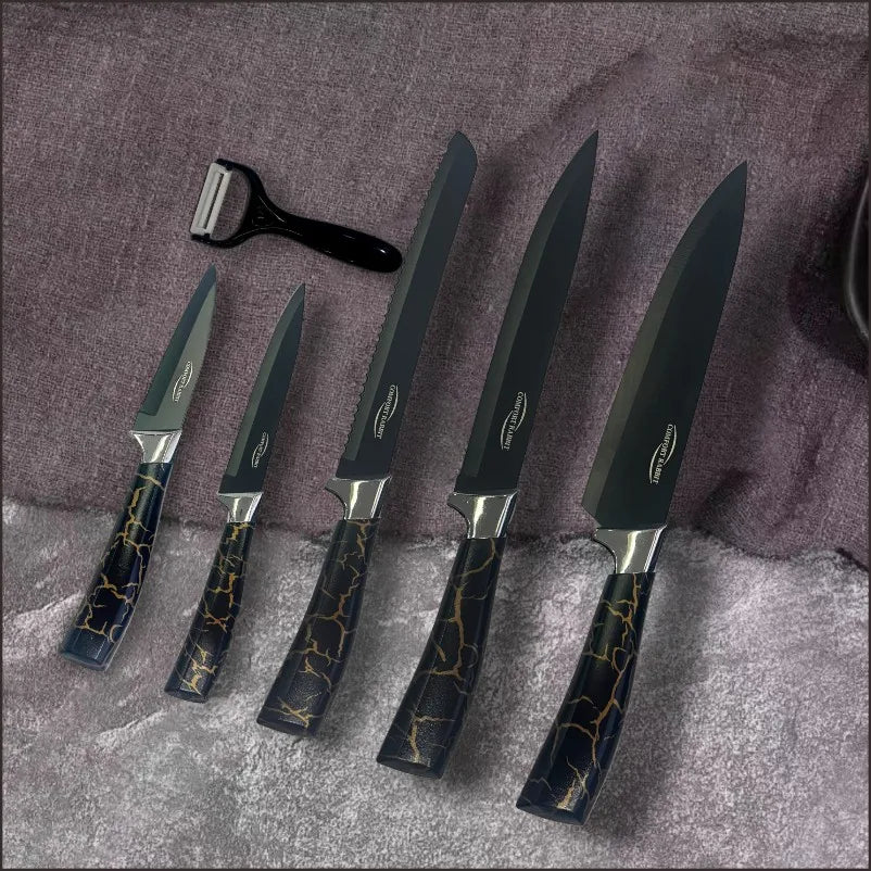 Kitchen knife set, stainless steel non-stick knife, black-edged marble, rose gold six-piece set, 2025 explosion.