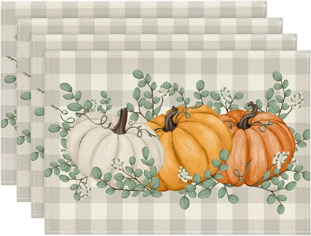 4PCS Thanksgiving Day Table Placemats 30*45cm Linen Autumn Pumpkin Maple Leaf Printed Dining Table Mat Festive Table Decoration
