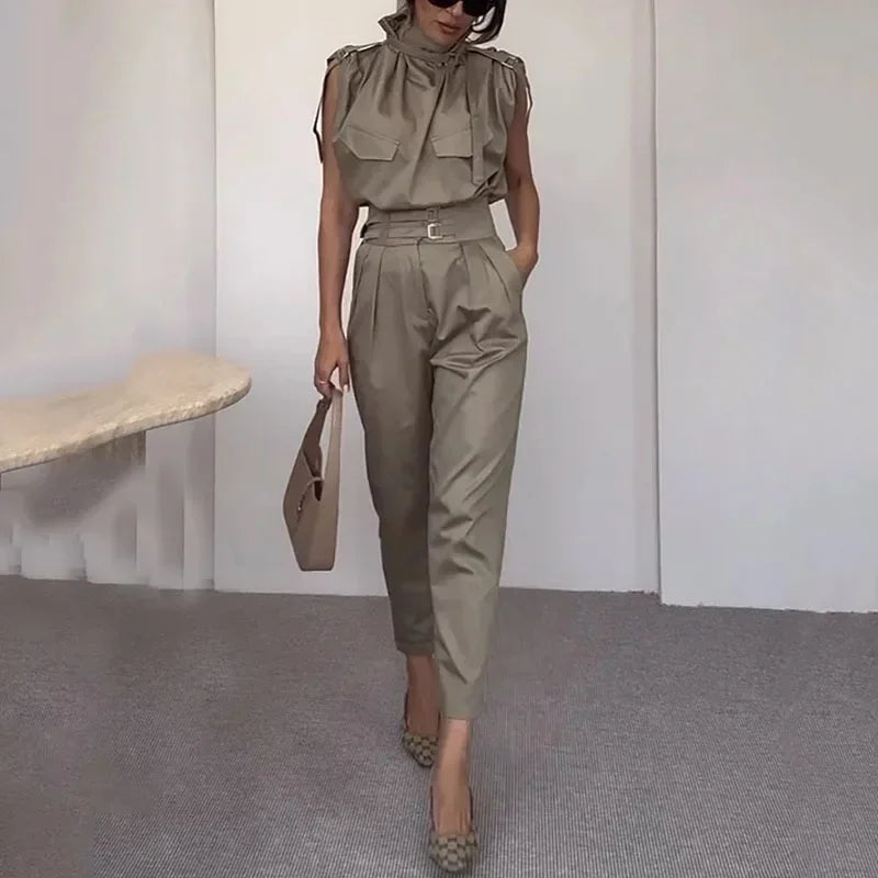 Autumn Winter New Women's Clothing Personalized Shoulder Slimming Waist-Slimming Belt Decoration Blouse Blazer Pants