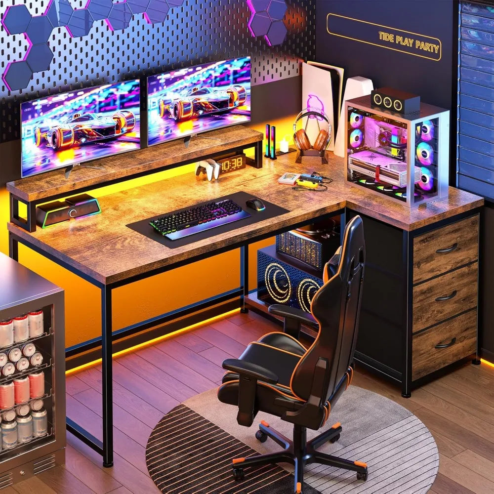 L Shaped Gaming Desk with LED Lights & Power Outlet 48Inch