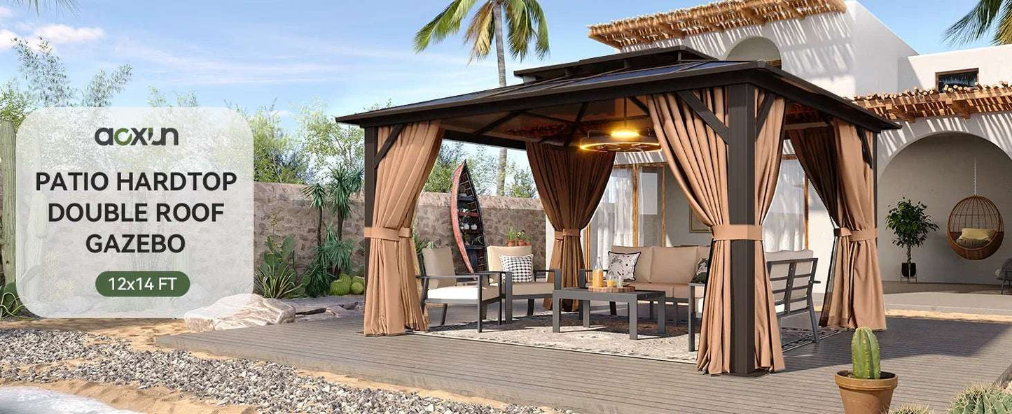 12'x14' Hardtop Gazebo, Aluminum Frame Permanent Pavilion with Curtains and Netting, Designed for Garden, Brown